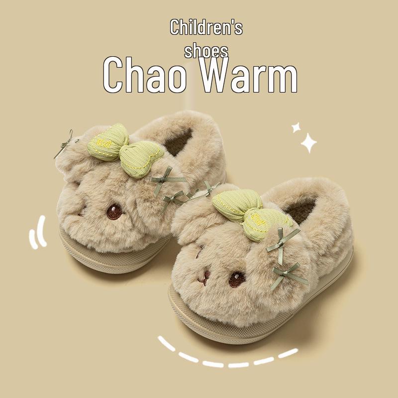 Girls' Winter Cartoon Bow Slippers - Closed-Back Cotton Indoor Shoes for Kids and Parent-Child Matching