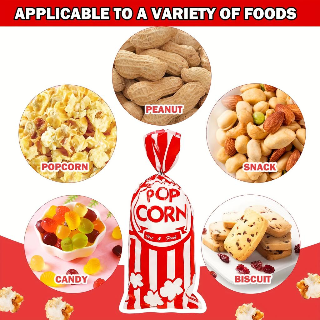 200pcs Popcorn Favor Bags Red Striped Candy Paper Bags Nougat Biscuit Bread Toast Bags For Movie Birthday Party Snacks Goods Bag
