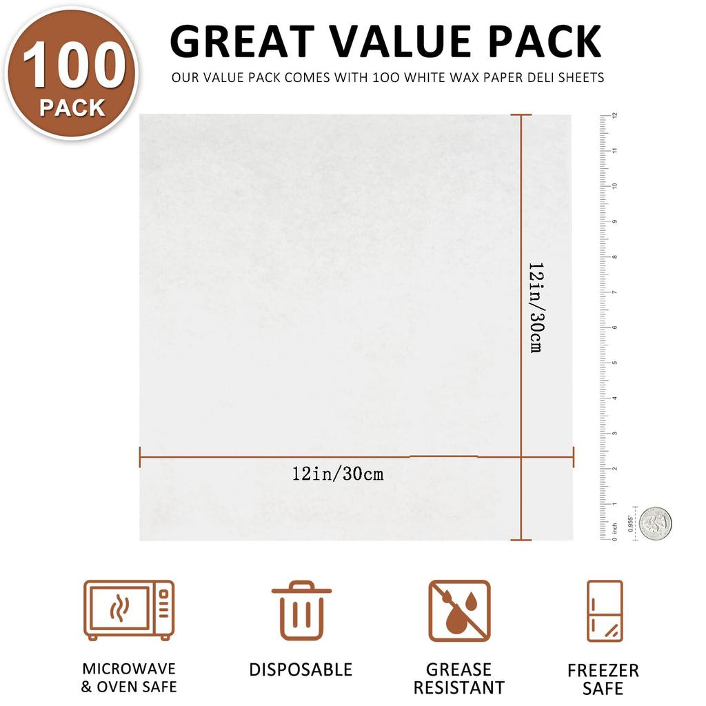 100 Count Pre-Cut Wax Paper Sheets, White 12x12" Natural Kraft Parchment Paper Sheets for Food Basket Liners