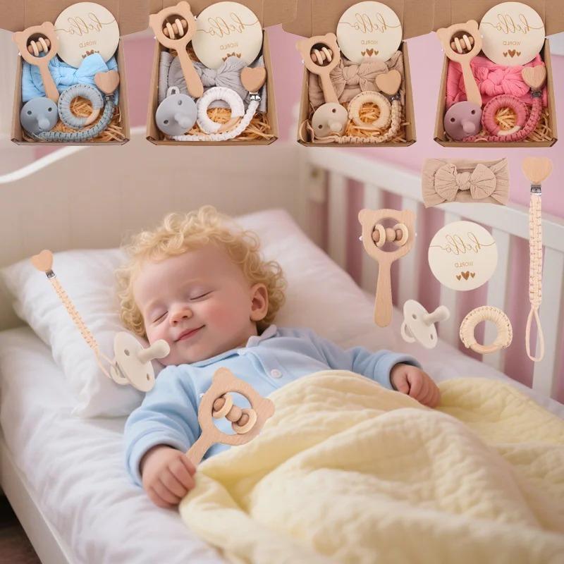 1 set per neonato Campanellino in legno Succhiotto in silicone Succhiotto Succhiotto Asciugamano Rassicurante Fiocco Fascia per capelli Dente da latte Bambino