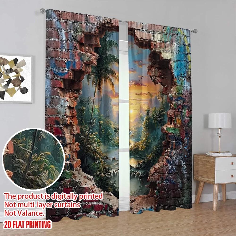 Set aus 2 flachen Druck-Partyvorhängen Tropischer Sonnenuntergang durch zerbrochene Ziegelmauer Digital bedruckte Polyester-Vorhänge Familiengefertigt