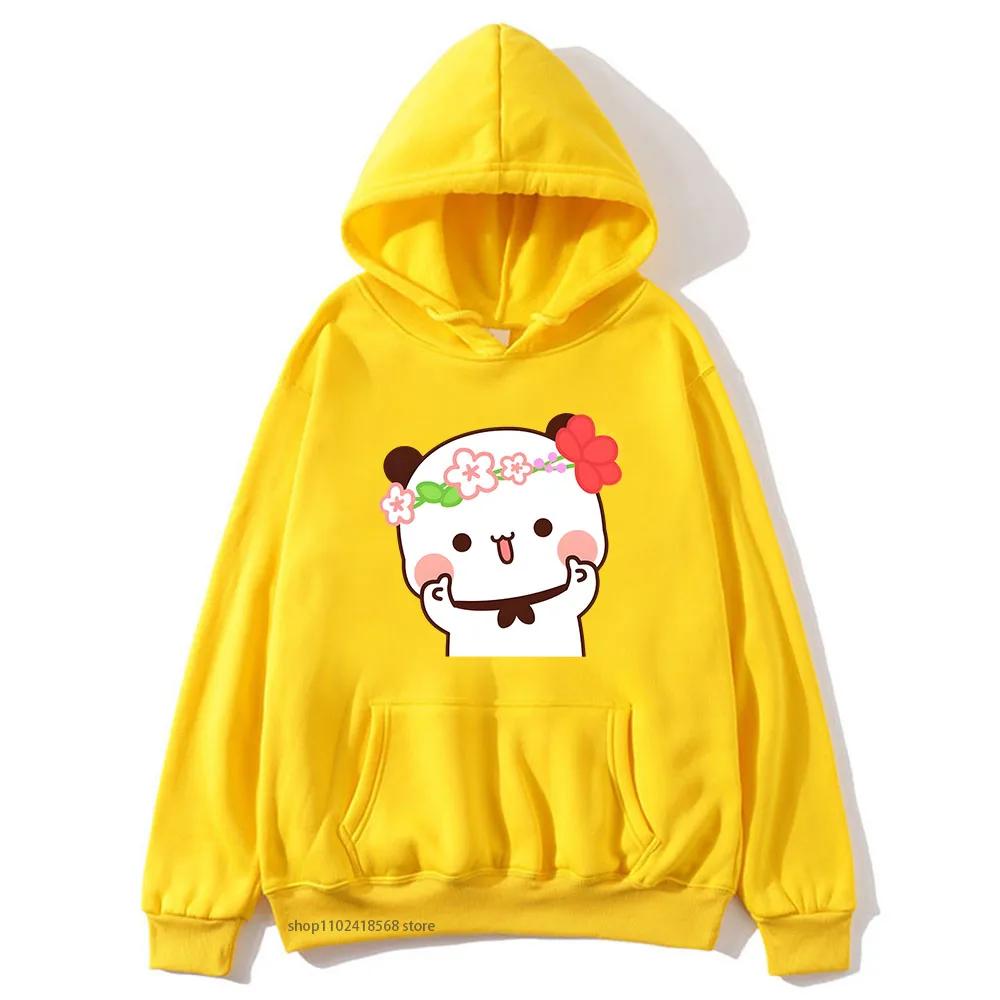 Cute Pretty BuBu Panda in Flowery Head Piece Hoodie DuDu Bear Dancing and Playing with A Guitar Sweatshirt Women Tops