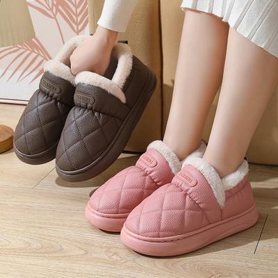 Fashion Pu Leather Thick Platform Furry Slippers Winter New Waterproof Non Warm Slippers Leisure Indoor Home Cotton Slippers Ladies