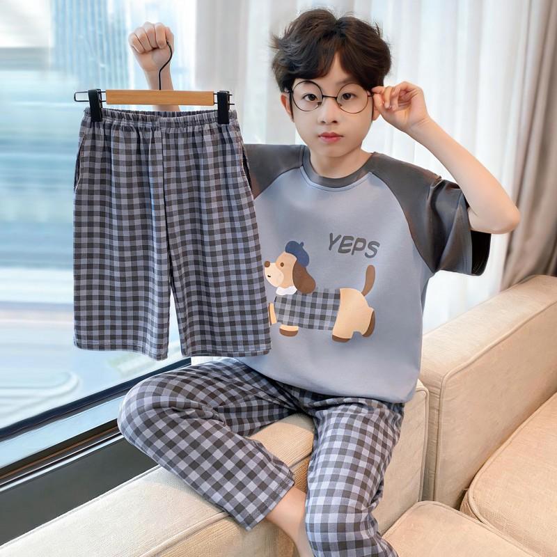 Cotton 3-Piece Pajama Set Boys Lightweight Short Sleeve Sleepwear Cartoon Print Home Wear Ages 8
