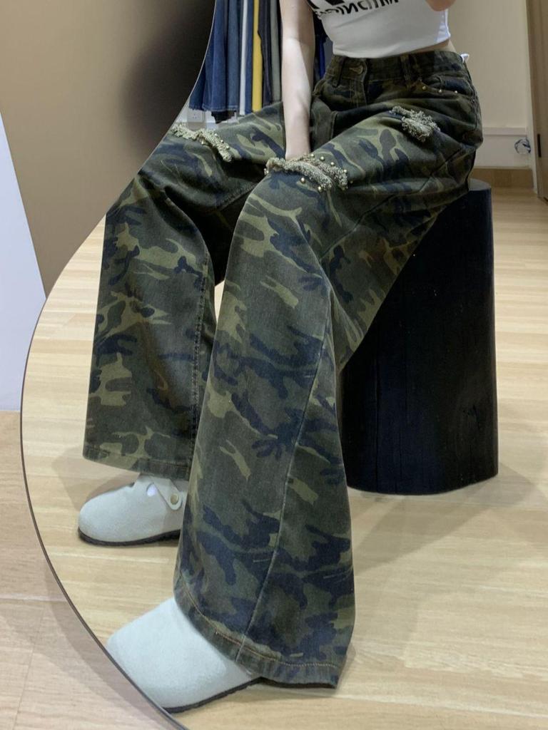 American Retro Camouflage Rivet Ripped Women's Loose Wide-Leg Jeans (2025 Spring/Autumn New Design)