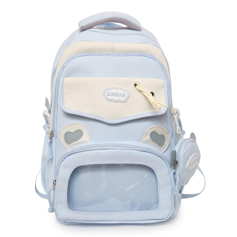 College Style Contrast Color Patchwork Backpack Student Lightweight Schoolbag with Coin Purse