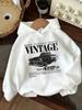 Nostalgic American Retro Street Trend Men Sports Hoodie, Vintage Sedan Graphic Text Combined Printing, Oversized Hip Hop Pullover