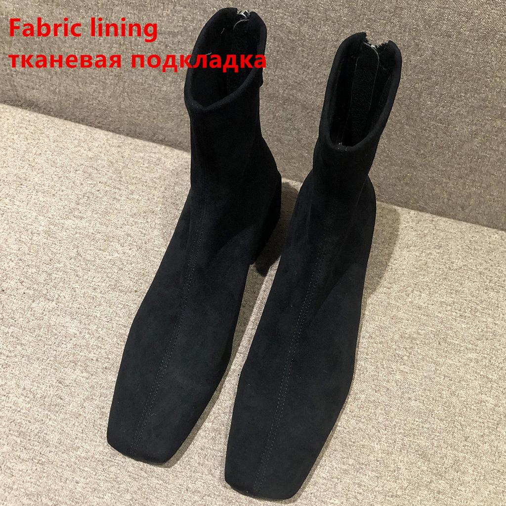 Autumn Winter Fashion Women Boots Square Toe Yarn Elastic Ankle Boots Kid Suede Thick Heel Shoes Female Socks Boats Mujer
