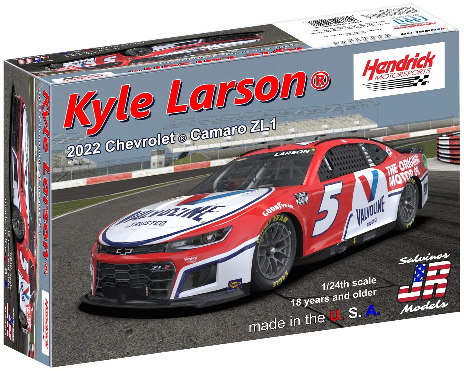 

Salvinos Model Scale NASCAR 2022 Camaro ZL1 Hendrick Motorsports Kyle Larson Valvoline Plastic Model SJMHMC2022KLV Molded Color J.R. 1/24