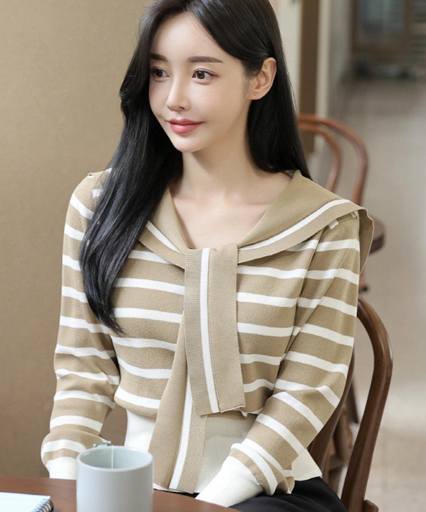 Ppaeppae Tie Sailor Collar Neck Striped Knit T-Shirt