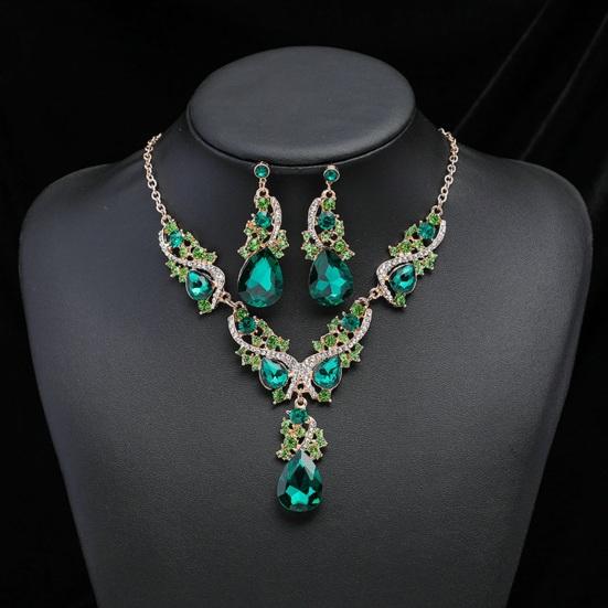 Women Necklace Earrings Rhinestone Luxury Hollow Symmetric Retro Set Out Anti-allergy Hanging Earrings Bridal Wedding