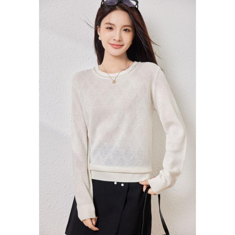 Silk-containing Wool Sweater Women's Autumn New Beaded Top Round Neck Lazy Fan Knitted Sweater Backing Sweater