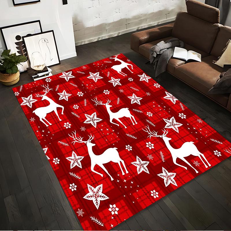 White Reindeer on Red Plaid Rug Non-slip rug suitable for living room and bedroom sofas
