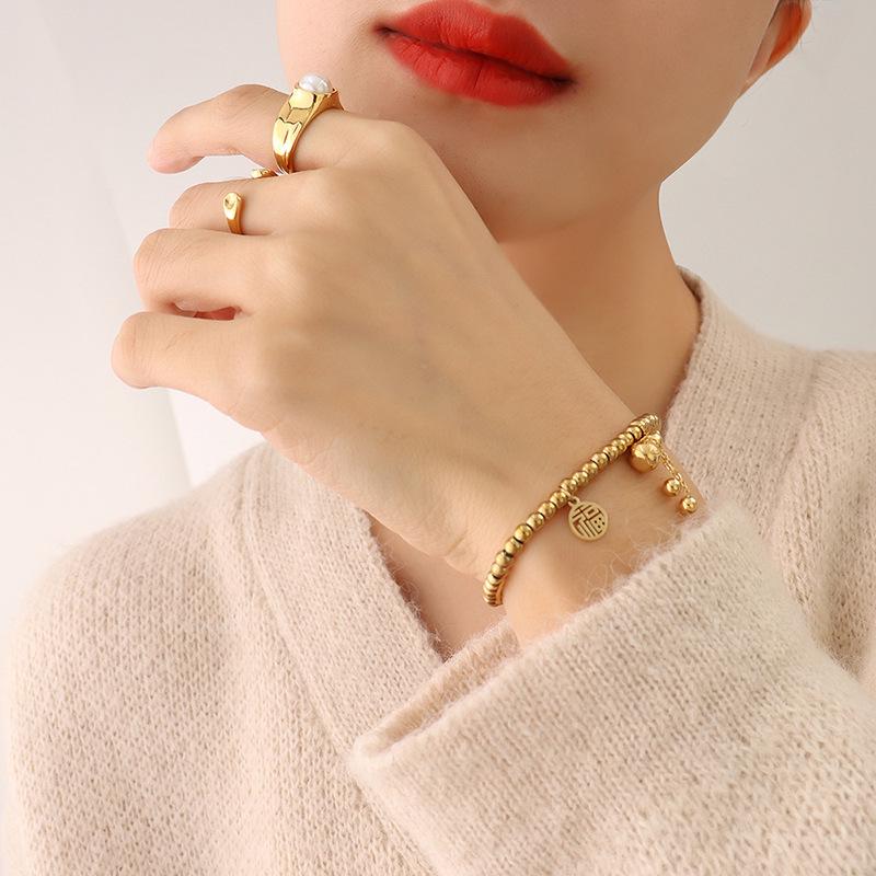 Auspicious Joy Beaded Gourd Stretch Bracelet, 18K Gold-Plated Titanium Steel for Long-Lasting Color.