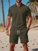 Versatile European & American Men's Slim Fit Summer Sports Set: Stretchy Solid Color Short Sleeve & Short Pants