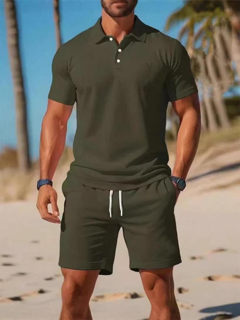 Versatile European & American Men's Slim Fit Summer Sports Set: Stretchy Solid Color Short Sleeve & Short Pants
