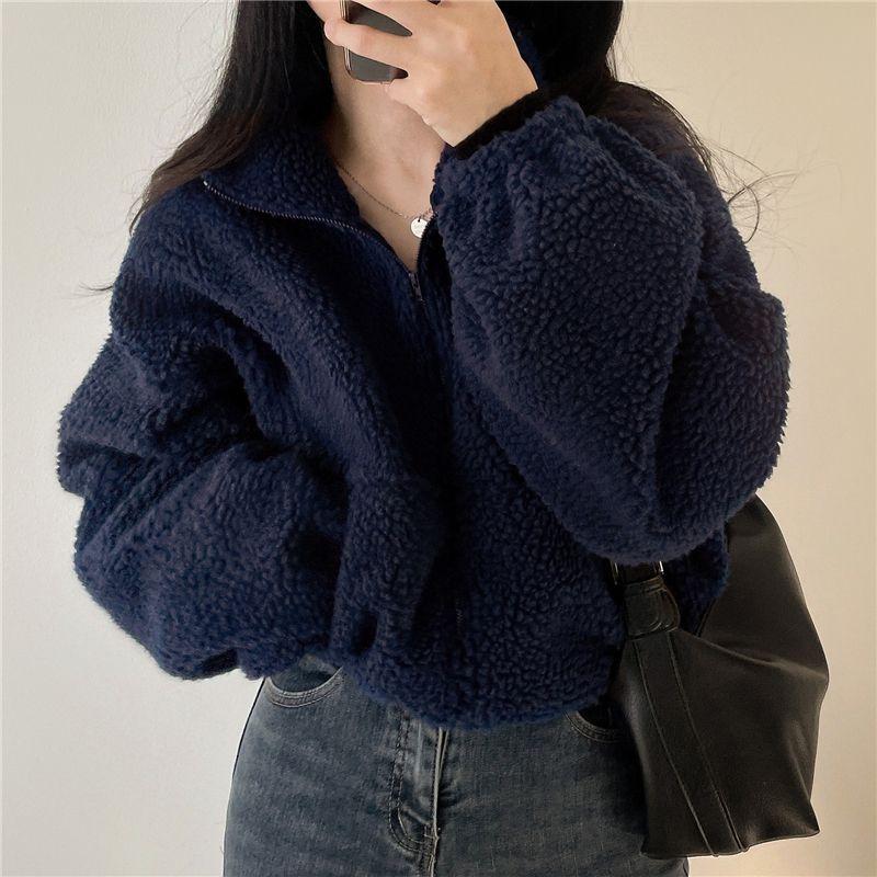 

Stand-up Collar Sweater Women in Autumn and Winter Plus Velvet Padded Loose Lazy Wind Cashmere Cardigan Zipper Coat. XXL