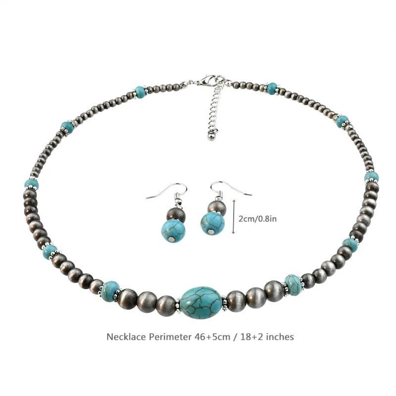 2-Piece Vintage Round Imitation Turquoise Necklace and Earring Set for Women Handmade Jewelry