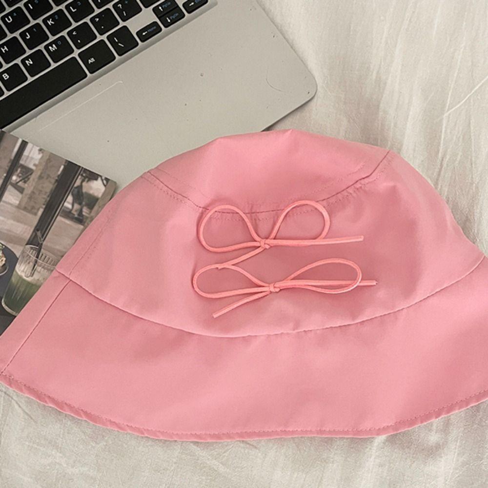 Solid Color Bowknot Fisherman Hat Sunscreen Canvas Basin Hat Male Bow Bucket Hat  Travel
