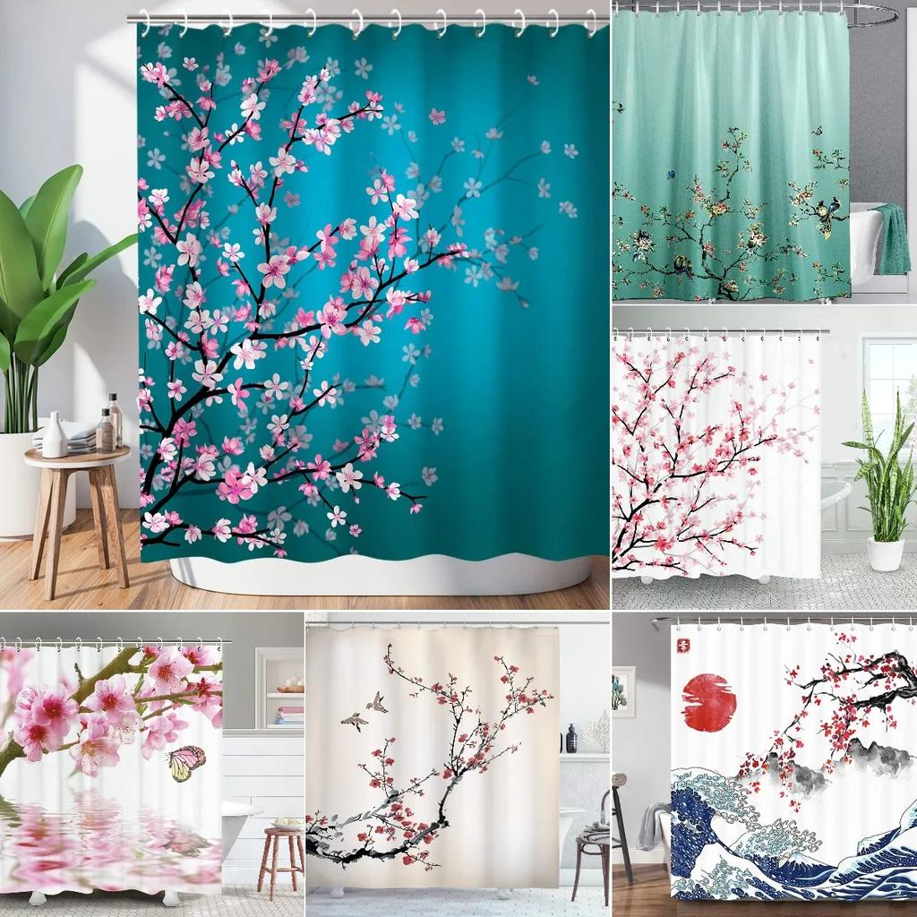 Charming Oriental Blossom Shower Curtain Set - Vibrant Cherry Blossom Designs For Elegant Bathroom Décor, Waterproof & Easy Care