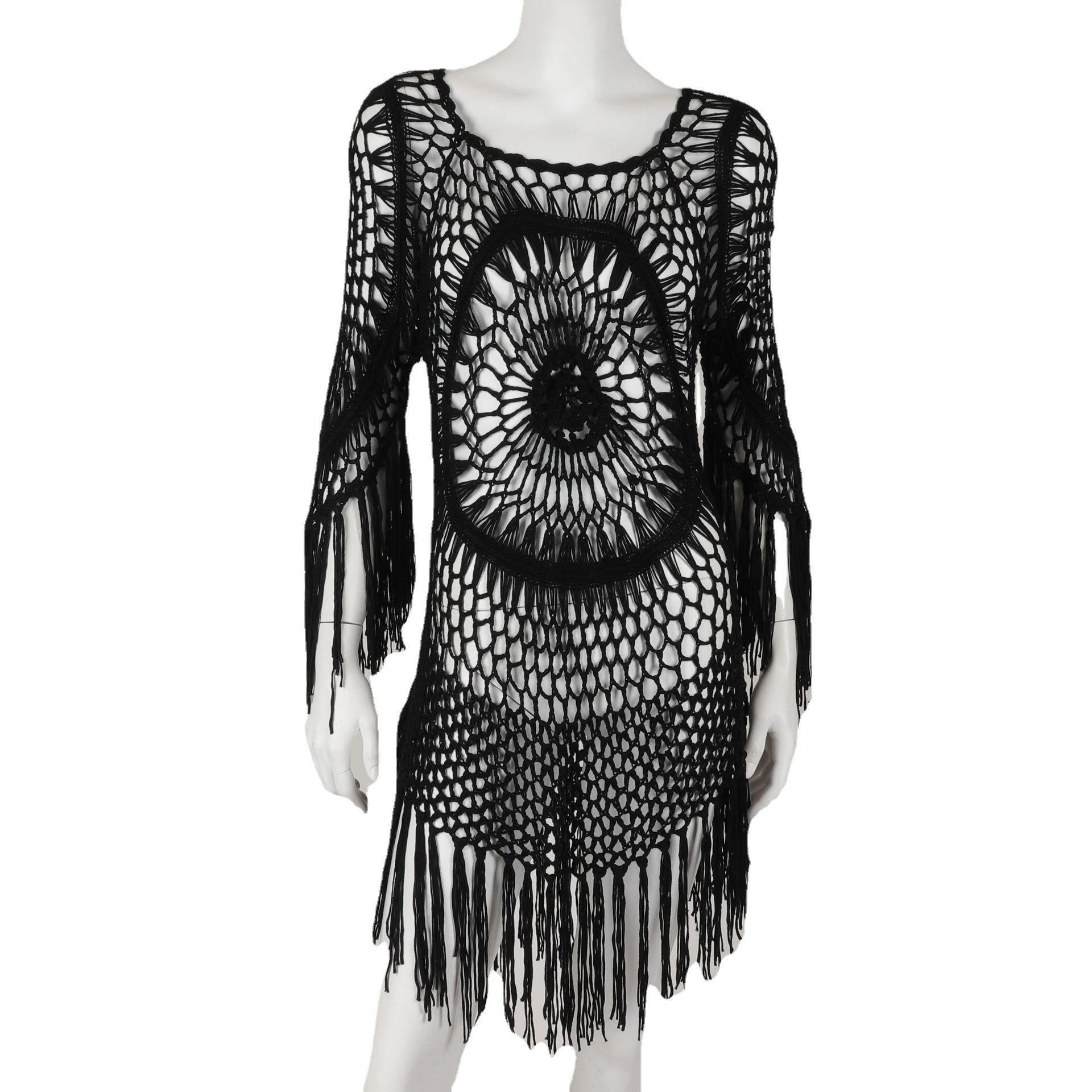 

Women s 2025 Summer Long-Sleeved Hand-Crocheted Beach Cover-Up Sun Protection Bikini Swimsuit One Size чёрный