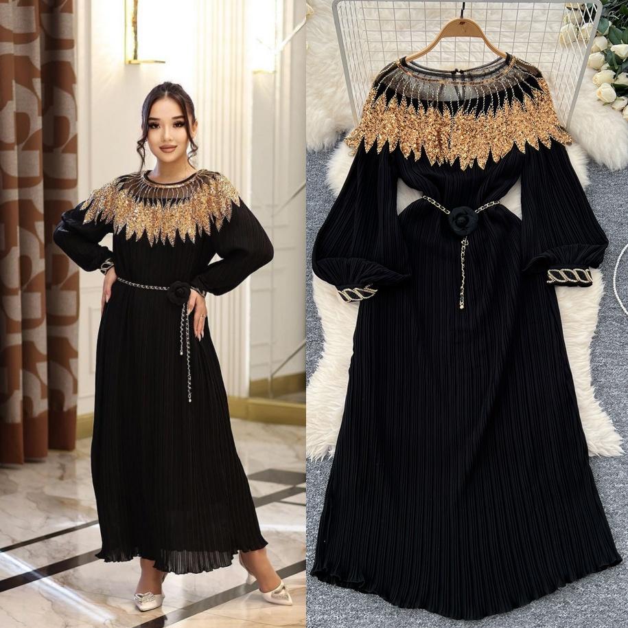 Vintage Court Style Autumn Heavy Industry Sequined Embroidered Long Pleated Bubble Sleeve Dress Women's Pleated Skirt