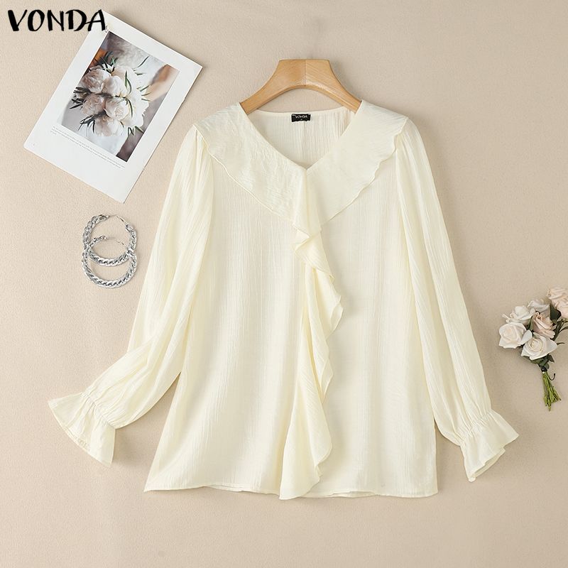 

VONDA Women V Neck Casual Long Sleeve Ruched Loose Elegant Blouse Tops 5XL бежевий