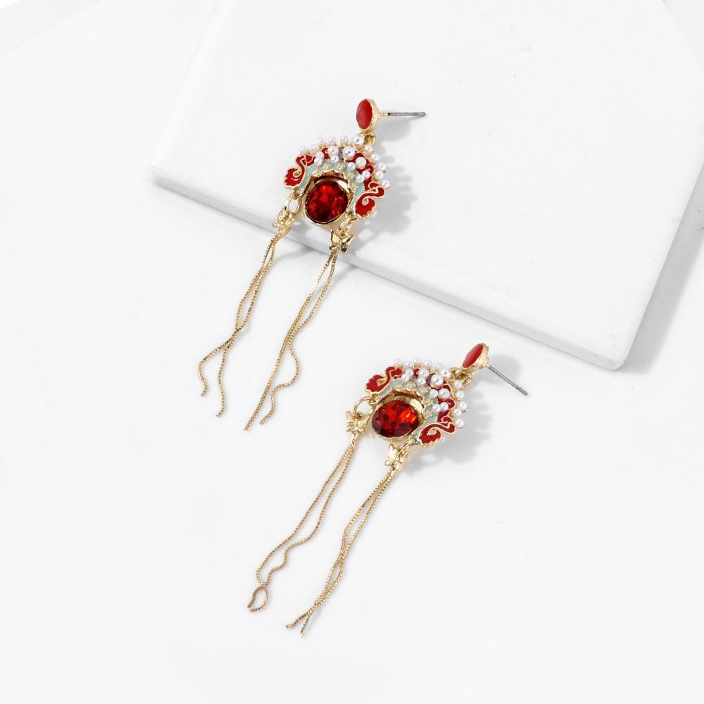 Retro Chinese Opera Tassel Earrings For Women Alloy And Gemstone Design