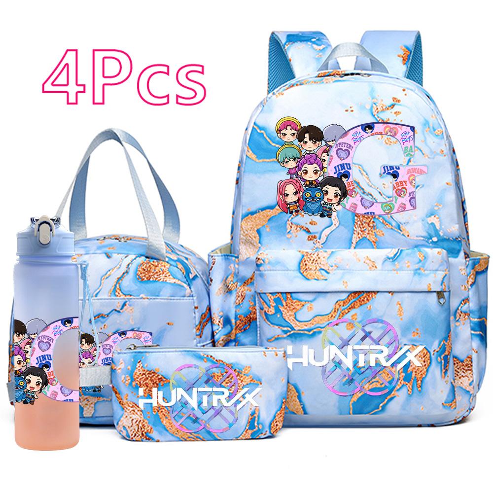 4Pcs/set Anime K-Pop Printed Backpack Handbag Pencil Case with 750Ml Water Bottler for Teenager Boy Girl Schoolbag Large Capacity Bookbag Kid Gift