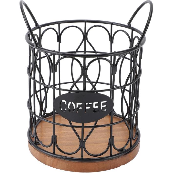 Coffee Pod Basket, Decorative Round Wire Capsule Holder with Wooden Base, Proof Metal Construction, Weighted Base, For Cafe Kitchen (Black)