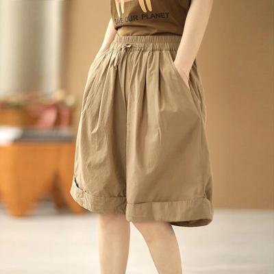 Women's Clothing Japanese Style Elastic High Waist Simple Beach Shorts Female Casual Streetwear Loose Wide Leg Knee Length Pants