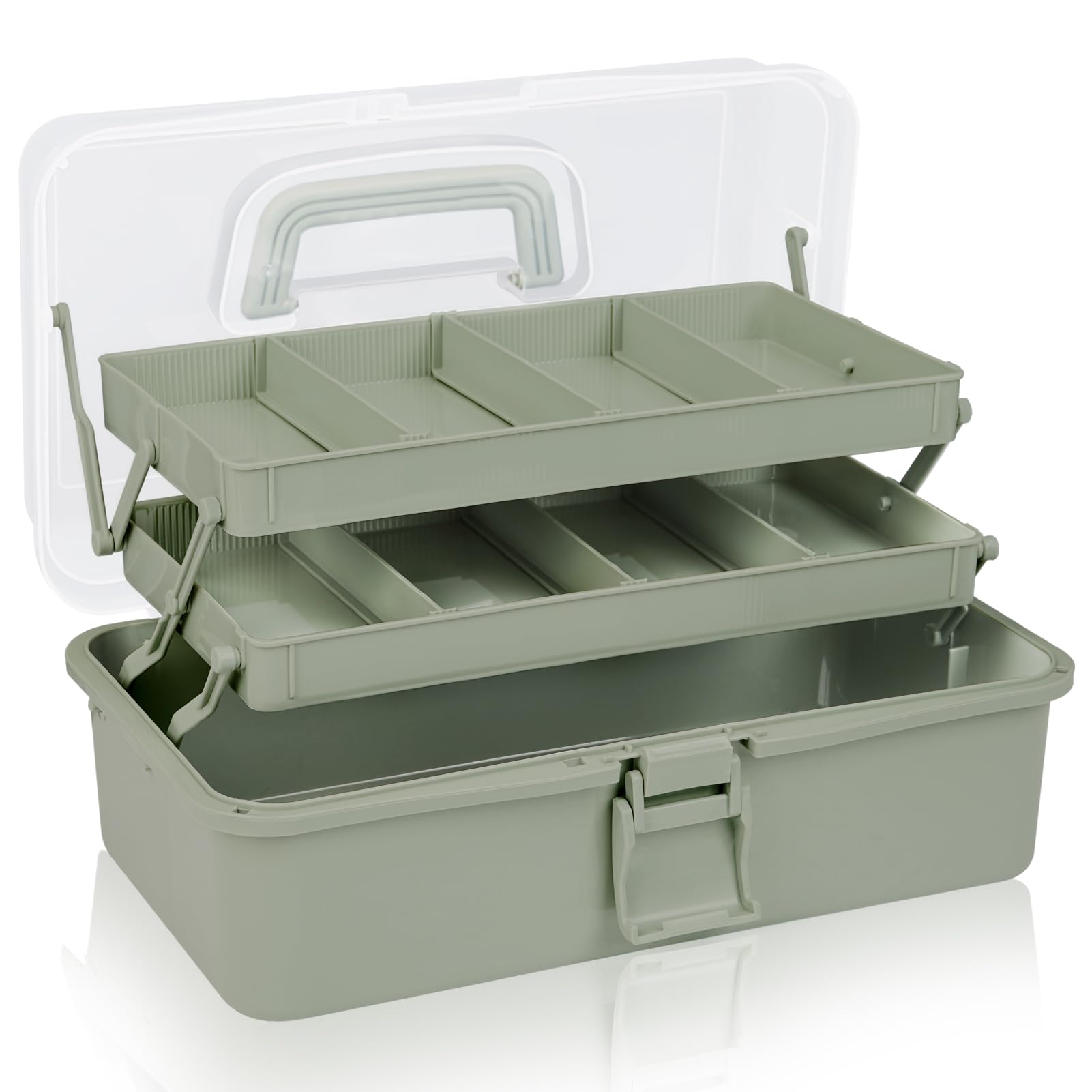 

YHANEC Ящик для инструментов с регулируемым складным большим стильным ящиком для хранения для первого и ящиком для хранения мелких предметов с разделителями, трехъярусная конструкция, вместимость, зелёный