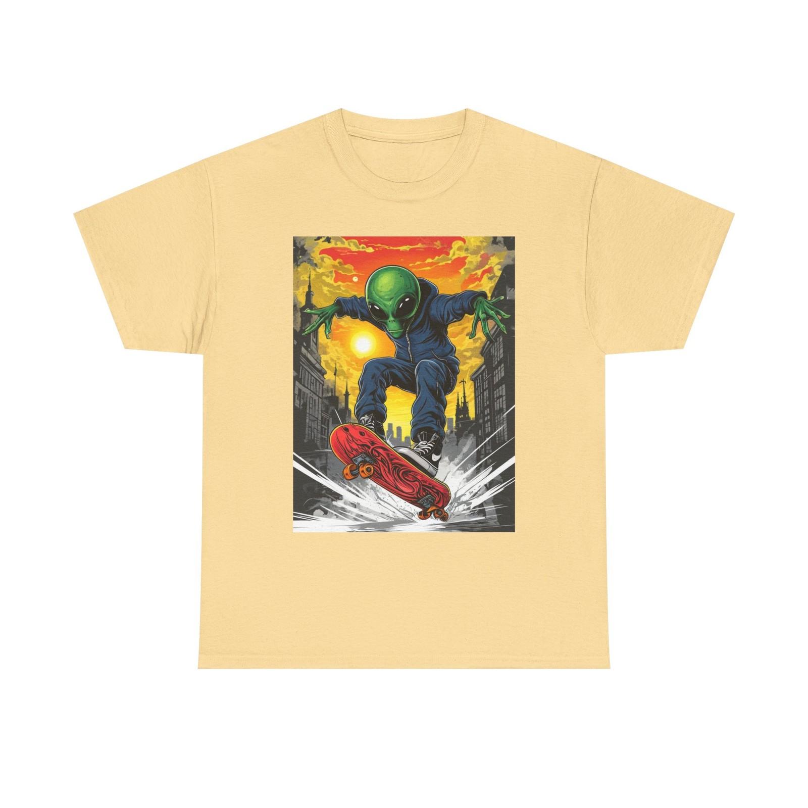 Alien Skateboarder Tee Extraterrestrial Skater T-Shirt UFO Urban Cityscape Shirt S