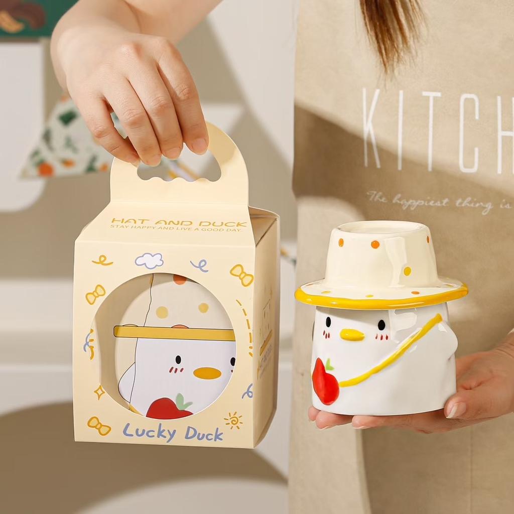 Cute duck ceramic mug with lid water cup women's new 2025 high-value cup household drinking water birthday gift