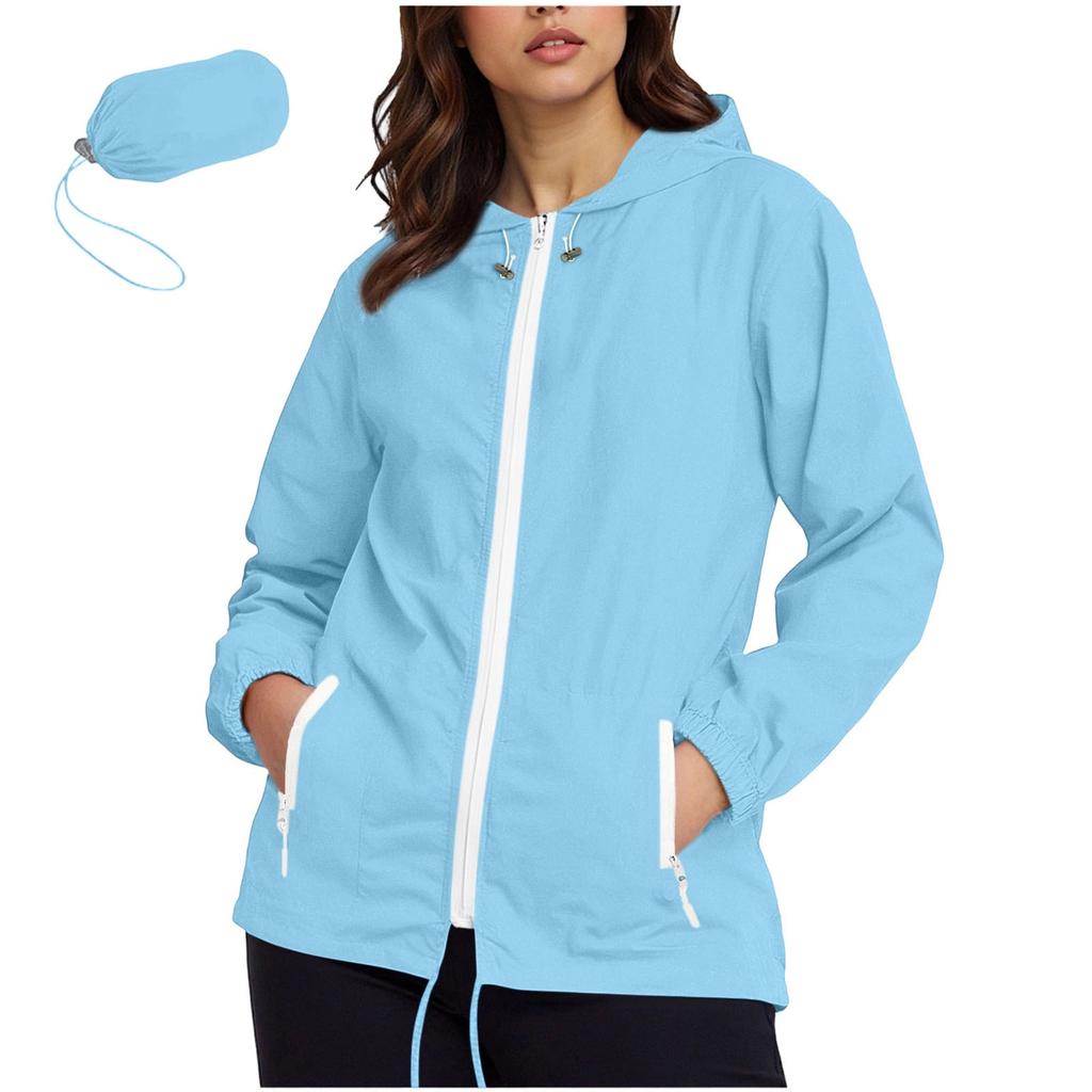 Women's Fashionable Casual Classic Plus Size Lightweight Zipped Long-Sleeved Hooded Jacket Foldable Outerwear With Packable Storage Pouch