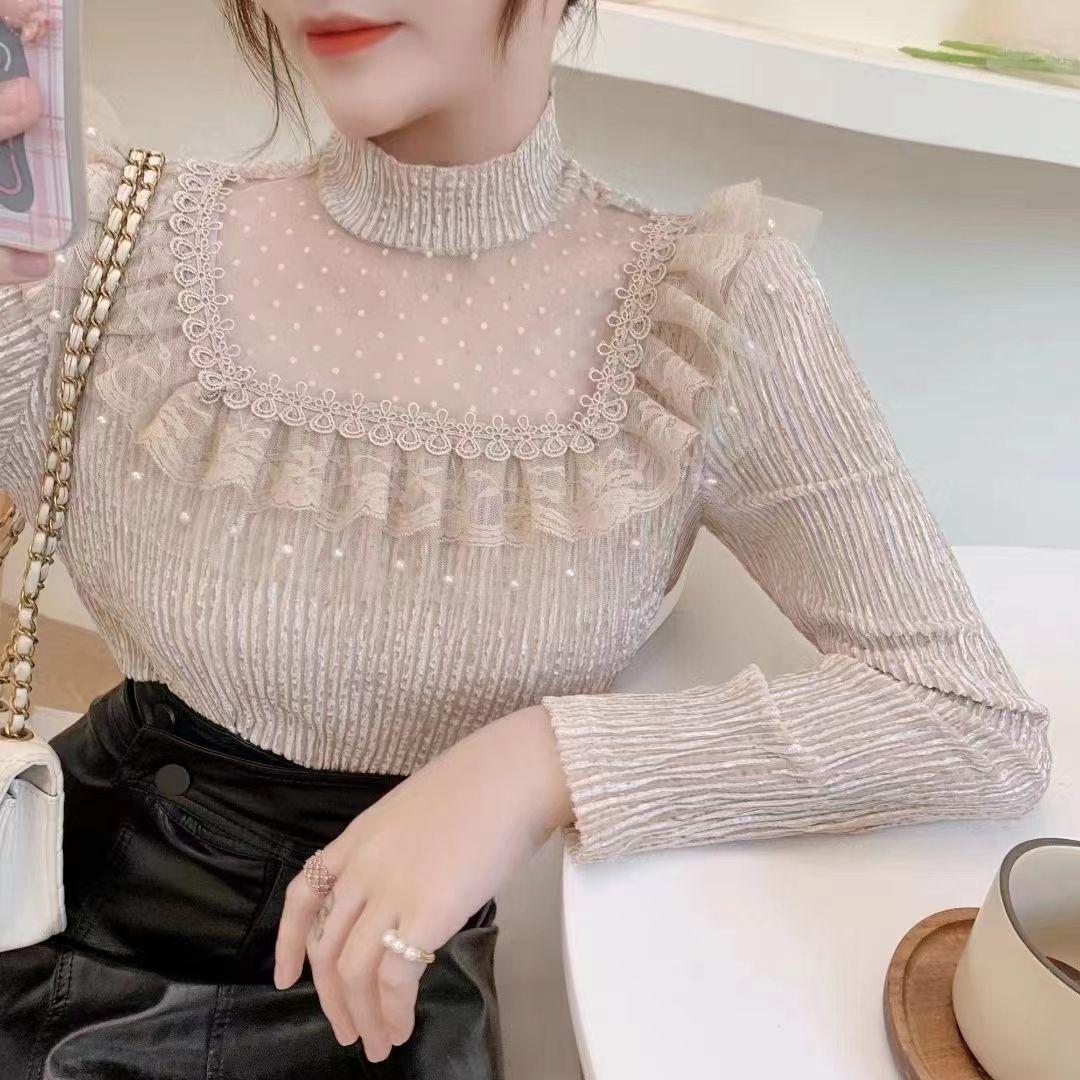 Chic High Neck Velvet Mesh Base Layer Top for Women - Stylish Spring & Autumn Wear 2025 S абрикосовый