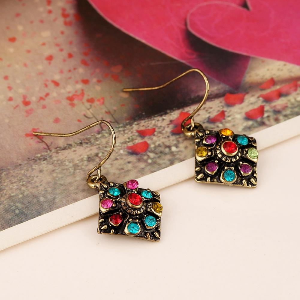 Stylish Bohemian Rhombic Colorful Rhinestone Charm Hook Earrings Women Party Jewelry Jewelry Gift
