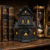 Halloween Mantle Decoration Lighted Village House Statue with LED Light, Gothic Home Decor Black Spooky Figurine for Tabletop Holiday Display Ornament