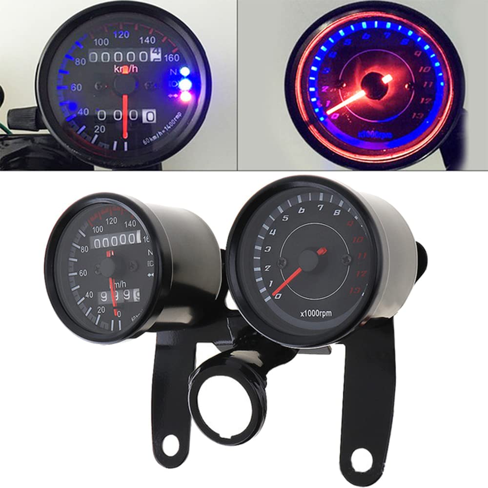 Motorcycle Speedometer and Tachometer Kit, Complete Set, Gauge, Odometer, Blue LED, Universal Fit