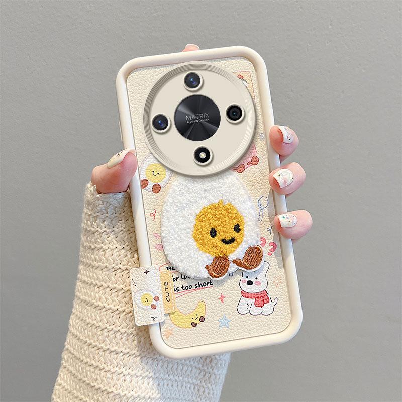 KEYSION Cartoon Cute Plush Embroidery Case for HONOR X9b 5G with Lanyard Shockproof Phone Back Cover for Huawei Magic 6 Lite 5G