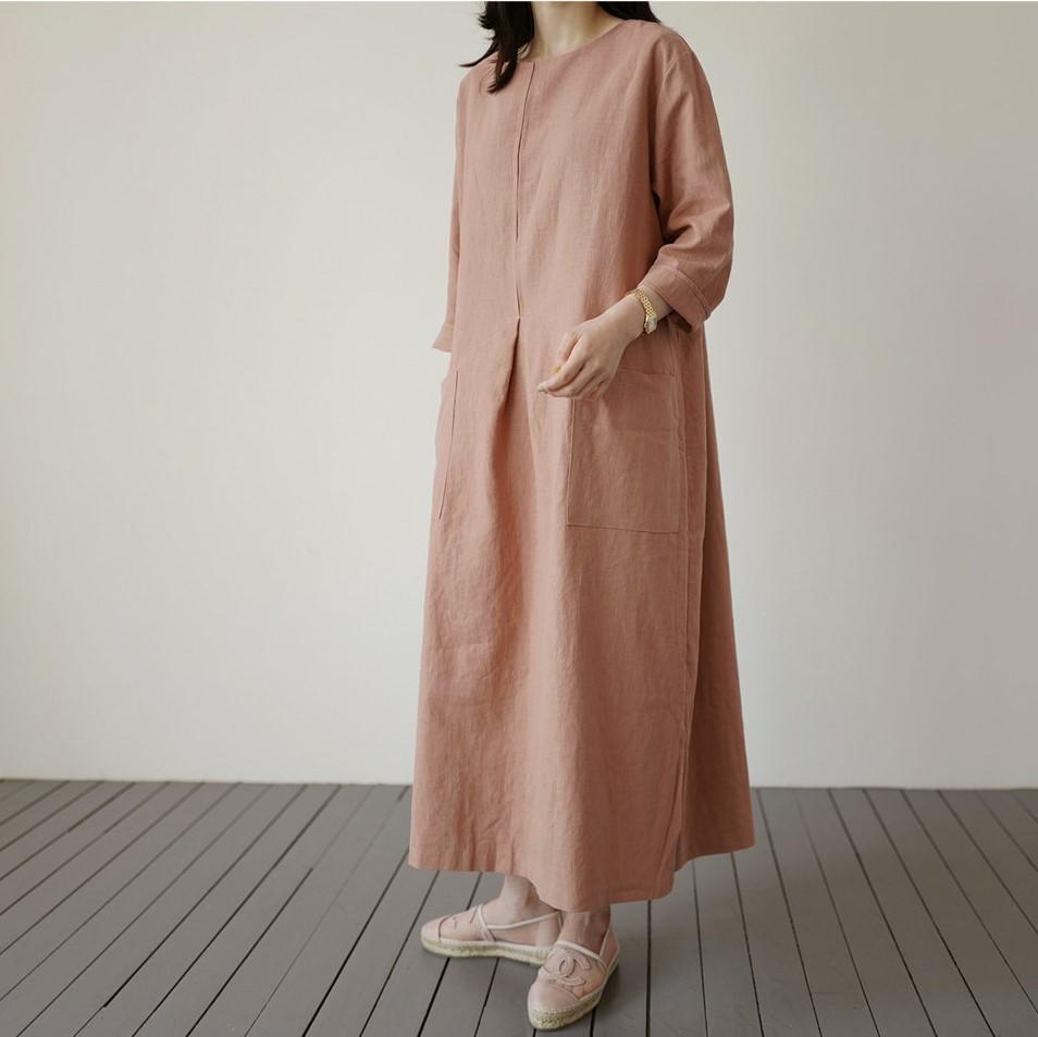 

Женское повседневное хлопковое длинное платье с круглым вырезом и рукавами 3/4 one size розовый