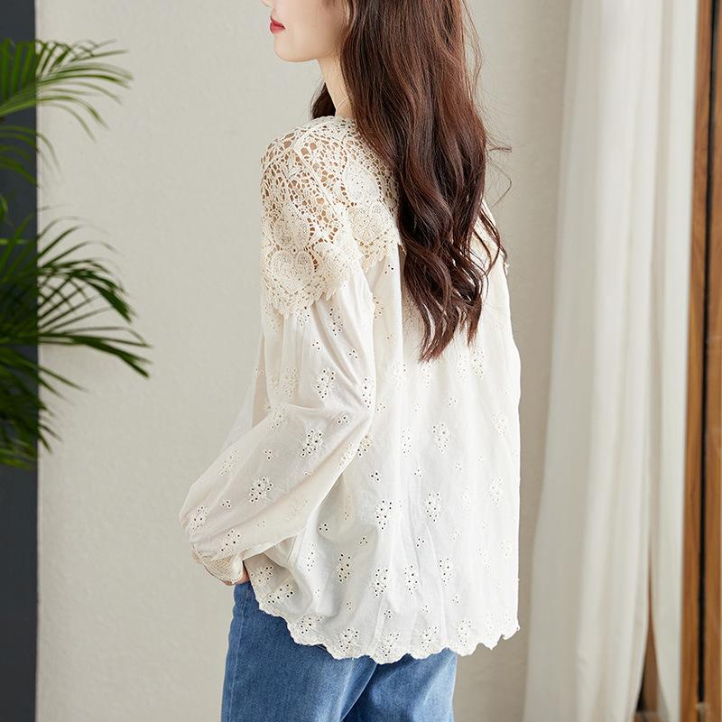 Apricot Lace Hollow Shirt for Women Long-sleeved Spring Clothes New Design Niche Top Chic Cotton Shirt