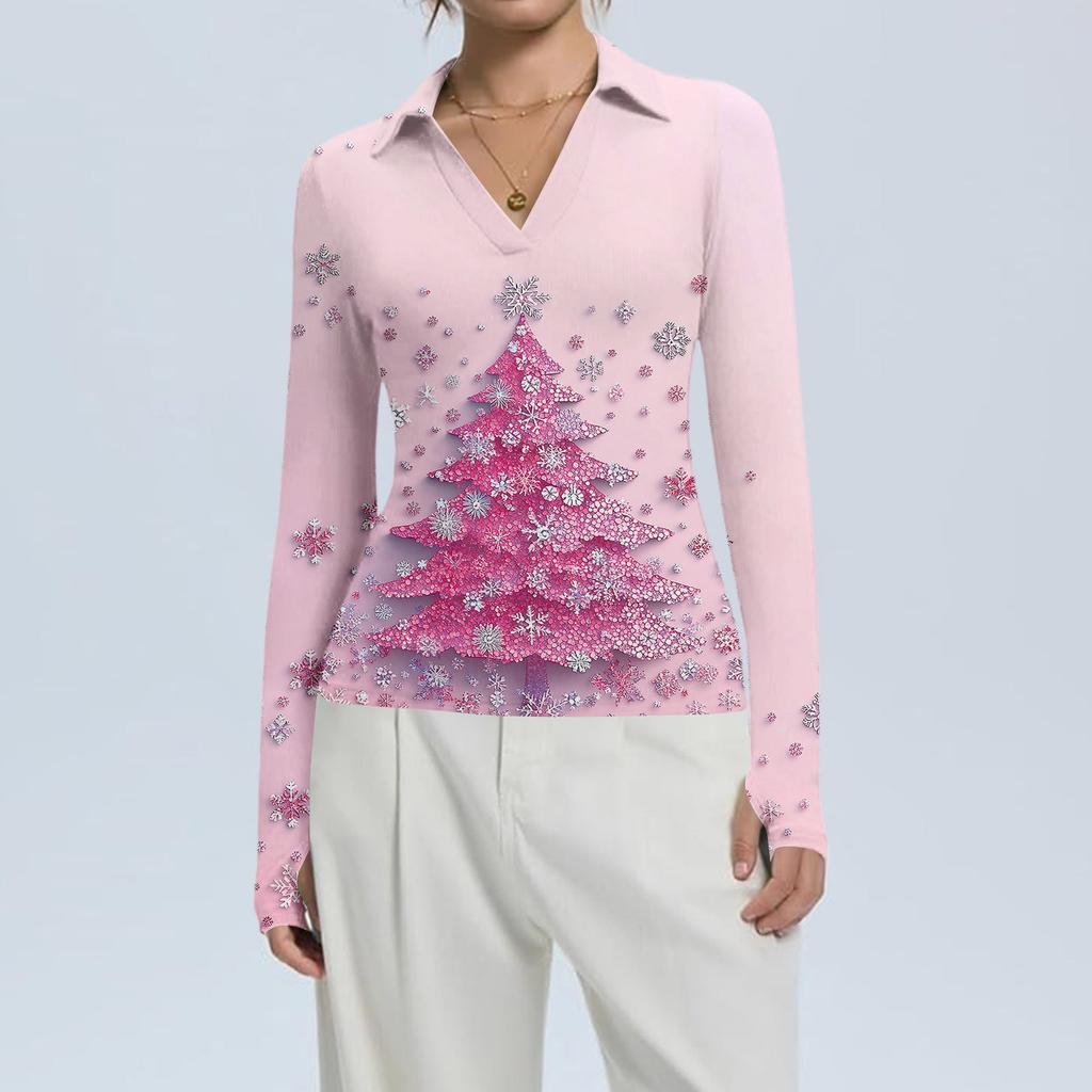 Women's Fashion Casual Christmas Print V-Neck Long Sleeve Button-Down Top