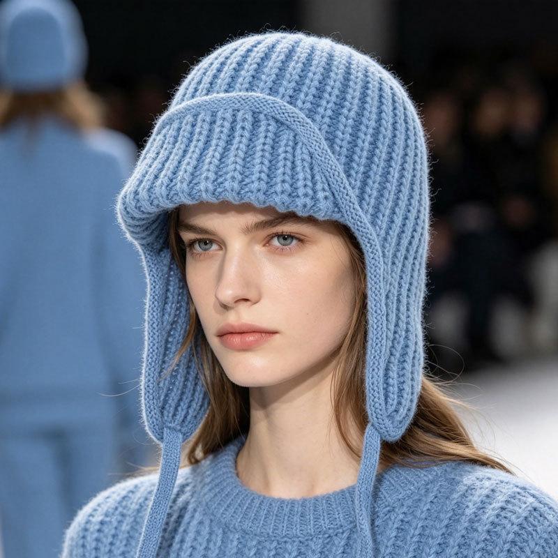 Neue Damen Herbst Winter Ohrklappen Strickwollmütze, Kordelzug Thermisch Warm Flieger Skimütze, Mode Vielseitig Outdoor Trooper Mütze