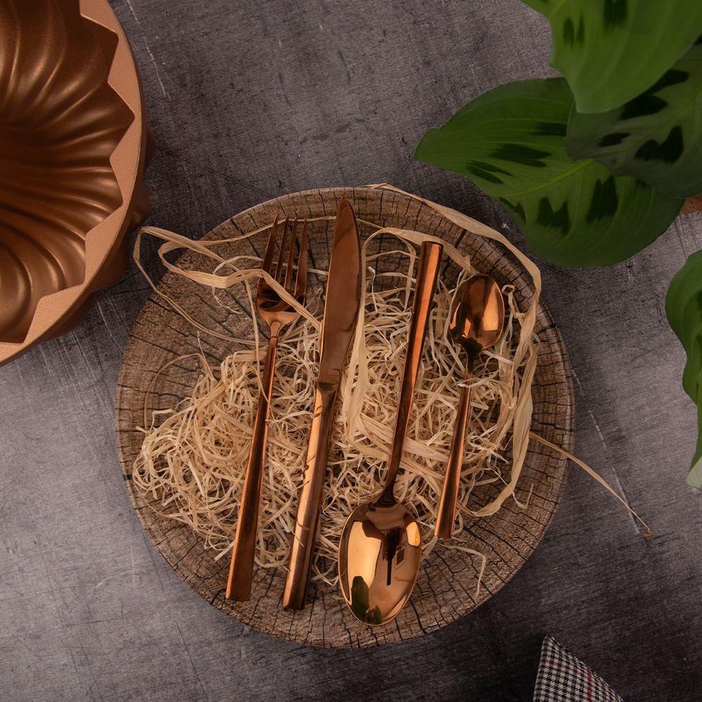 Steel and copper cutlery set for 6 people, 24 pieces.