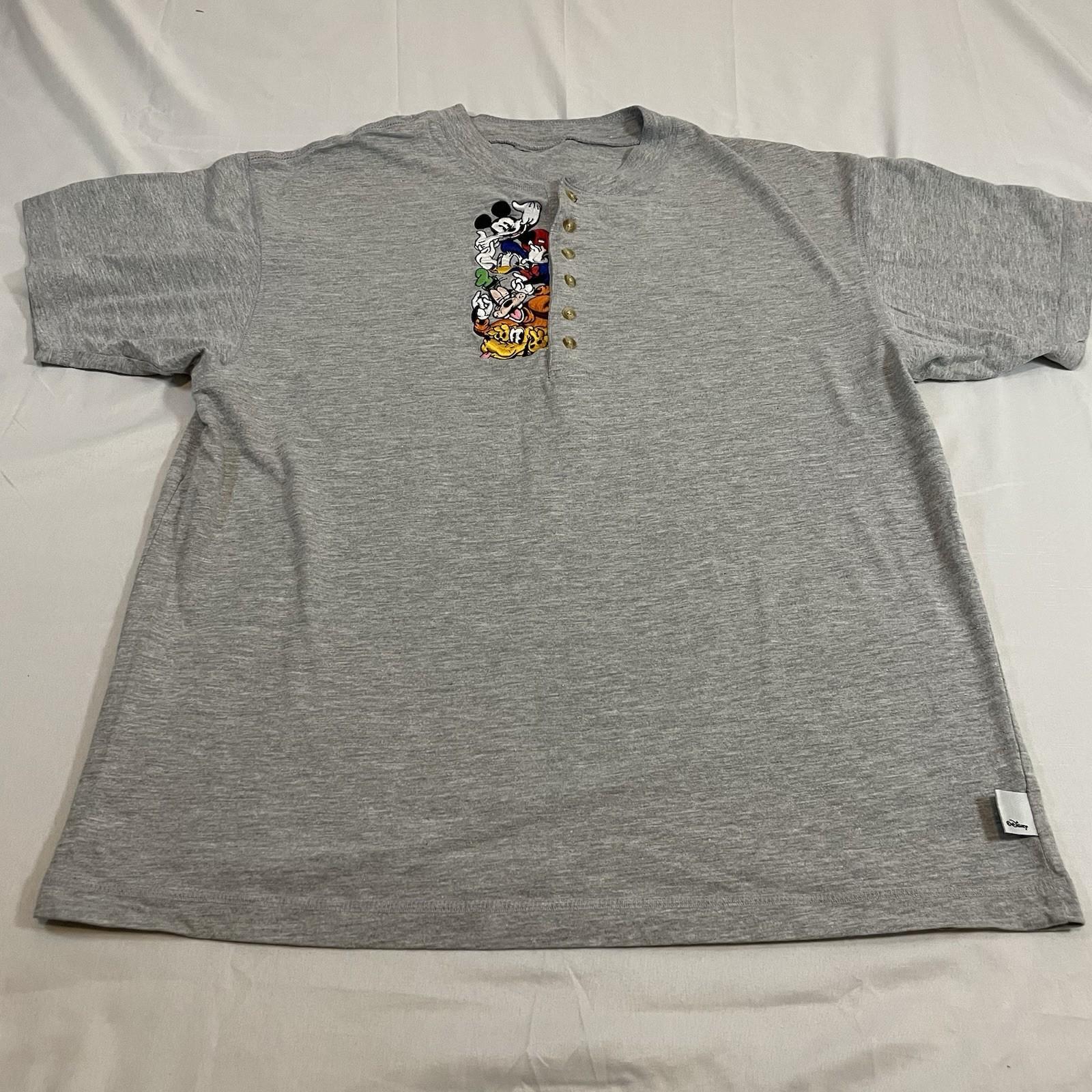 Disney Mickey & Friends Mens Henley Shirt Gray Embroidered Mickey Donald Goofy Unisex T-Shirt XXL