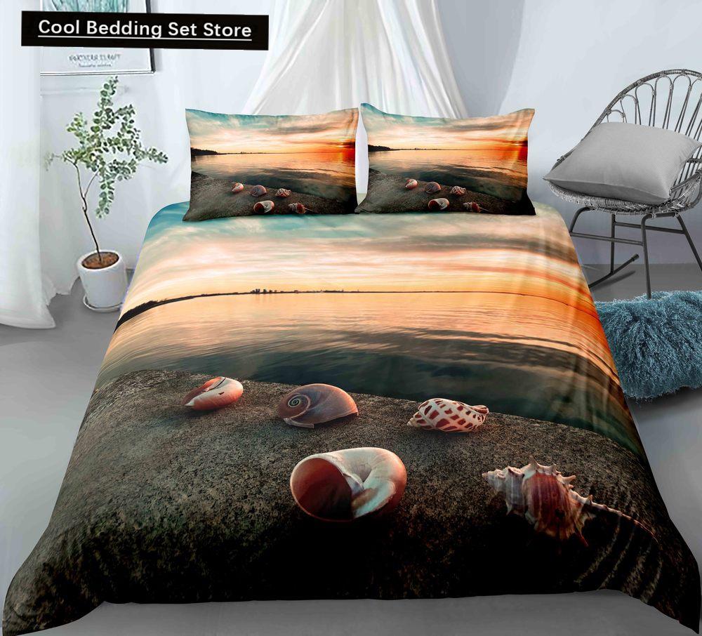 Blue Ocean King Queen Bettbezug Cartoon Seestern Muschel Bettwäscheset für Kind Teenager Erwachsene Meer Strand 2/3tlg. Polyester Bettdeckenbezug