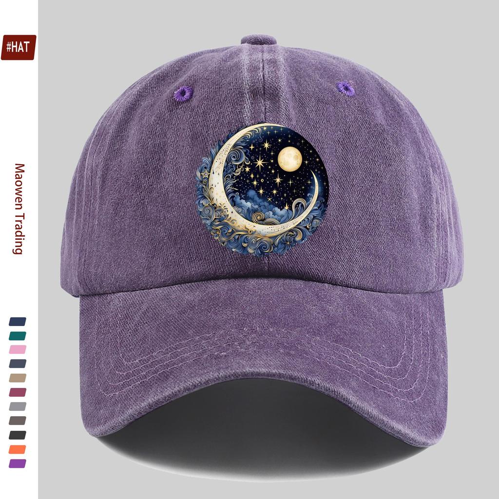 Pc Mysterious IronOn Patch Cosmic Night Sky Design Print Baseball Cap with Stars Swirling Clouds And Crescent Pattern Fash