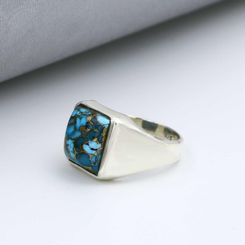 Blauer Kupfer Türkis Edelstein Ring, Massiver 925 Sterling Silber Ring, Geburtsstein Ring, Jubiläumsring, Herrenring