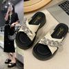 Thick-bottomed cool slippers for women's outer wear 2025 summer new high-value metal chain soft bottom cross with high-heeled slippers for women